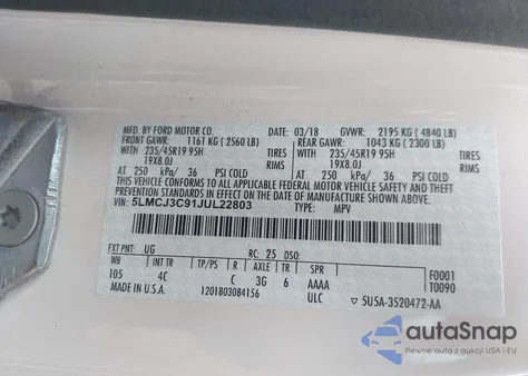 2018 Lincoln Mkc Reserve z USA, uszkodzony, nr VIN 5LMCJ3C91JUL22803